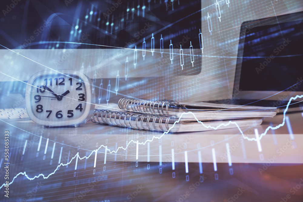 Poster forex chart hologram on table with computer background. double exposure. concept of financial market