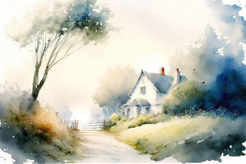 Fantasy watercolor landscape with a house. Anime style. AI