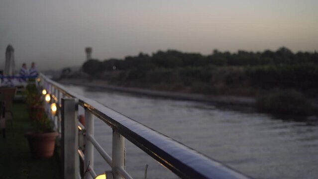Cinematic Shot of Rail of Boat in Nile River