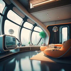 Illustrative vector graphics of futuristic living room. generative ai