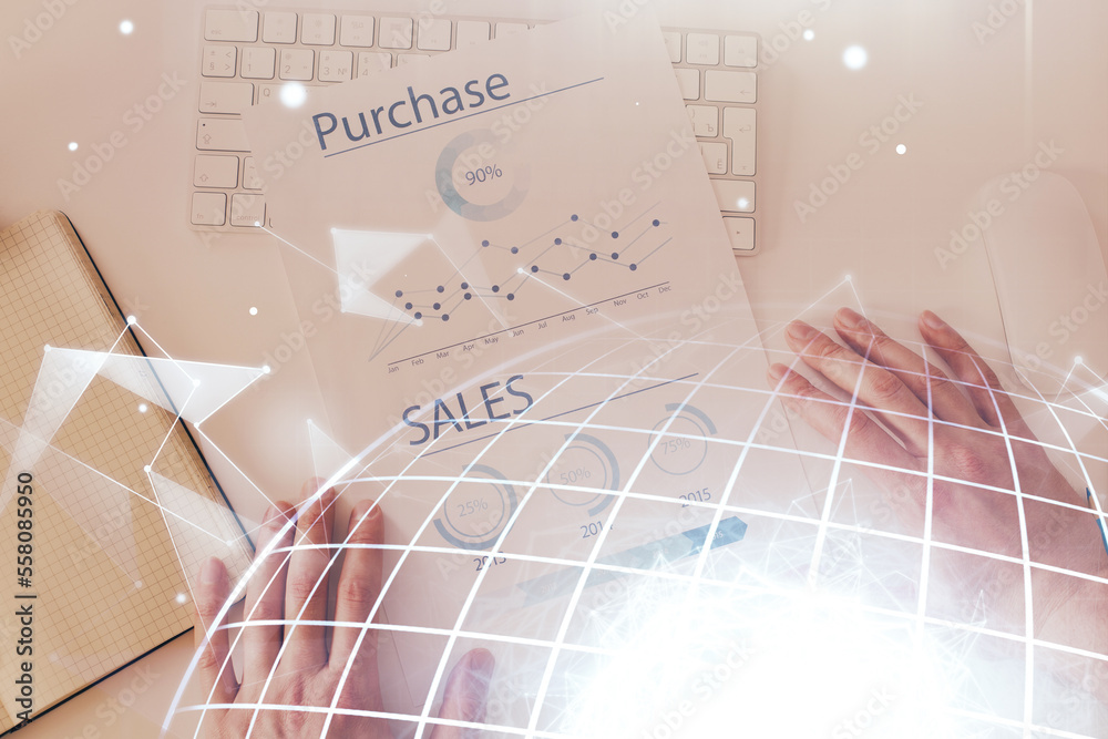 Poster Man with multi exposure global network theme icons.