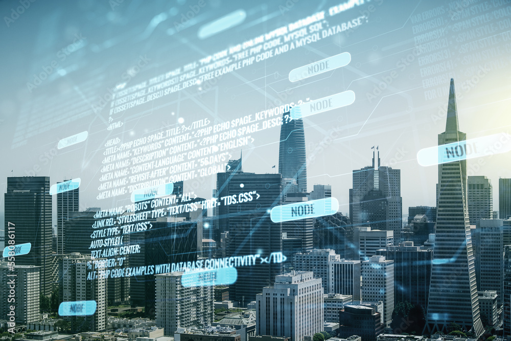 Leinwandbilder multi exposure of abstract creative coding sketch on san francisco city skyline background, artifici
