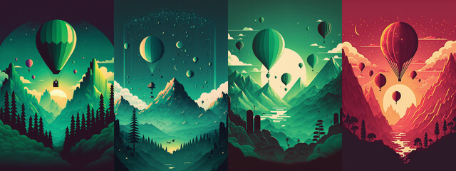 Group of 4 beautiful colorful atmospheric landscapes with mountains, balloons, and birds in the style of minimalistic flat art designs