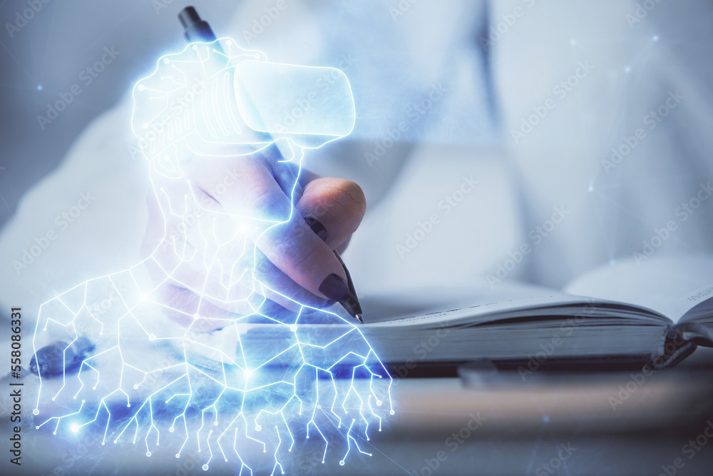 Poster ar hologram over hands taking notes background. concept of augmented reality. double exposure