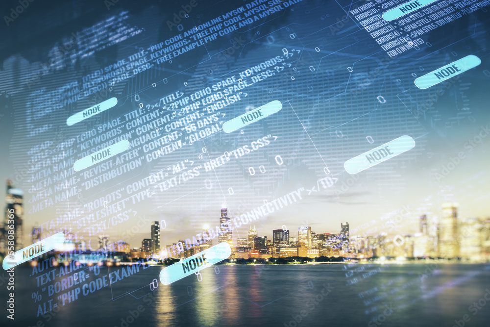 Poster multi exposure of abstract graphic coding sketch and world map on chicago cityscape background, big 