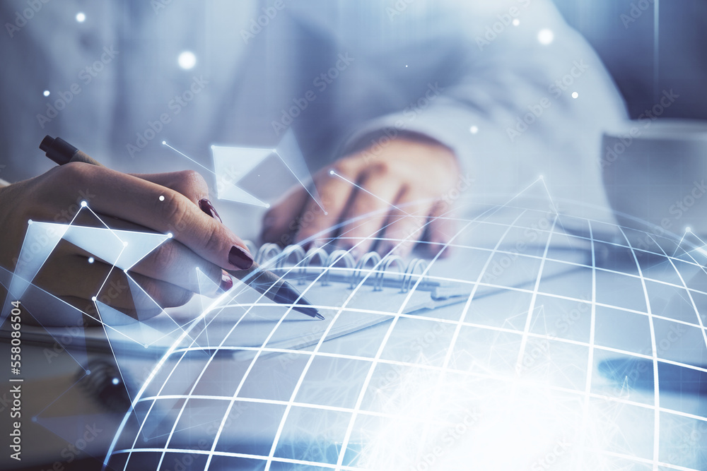 Poster Multi exposure of hands making notes with world map hologram and data theme icons. Concept of global data.