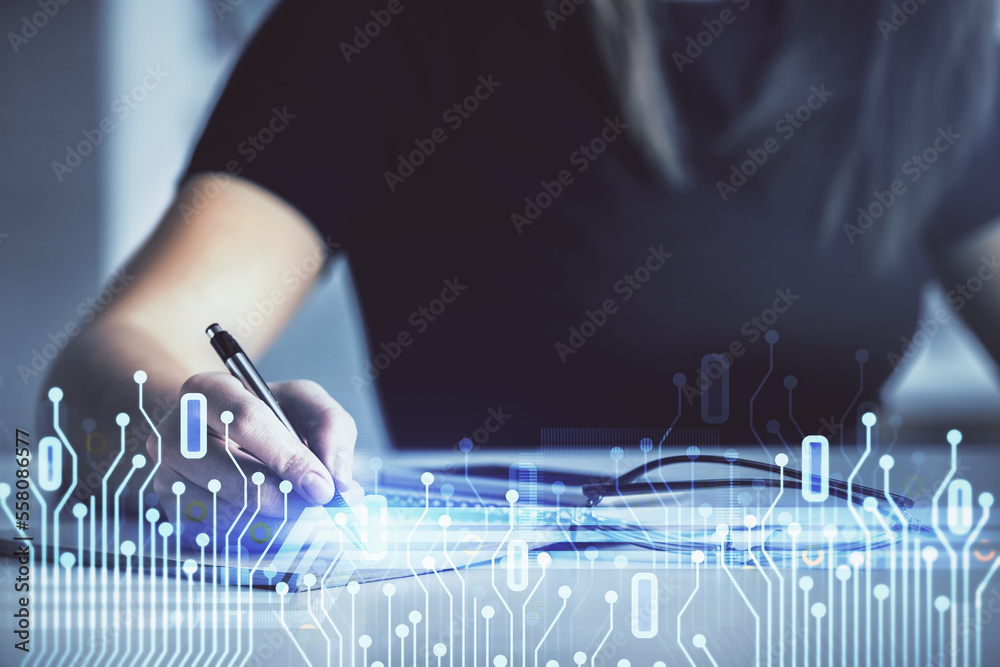 Poster multi exposure of woman's writing hand on background with data technology hud. concept of innovation