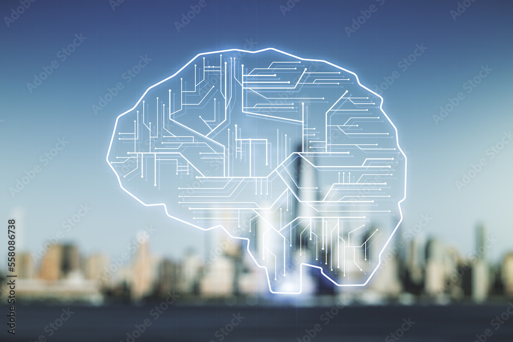Aufkleber virtual creative artificial intelligence hologram with human brain sketch on blurry skyscrapers back