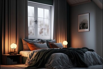 a cozy modern interior design bed sitting under a window next to a lamp, a 3D render generative ai