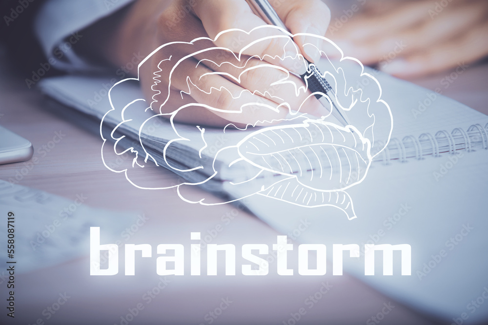 Poster start up creative drawing over close up hands in notepad background. concept of brainstorming. doubl