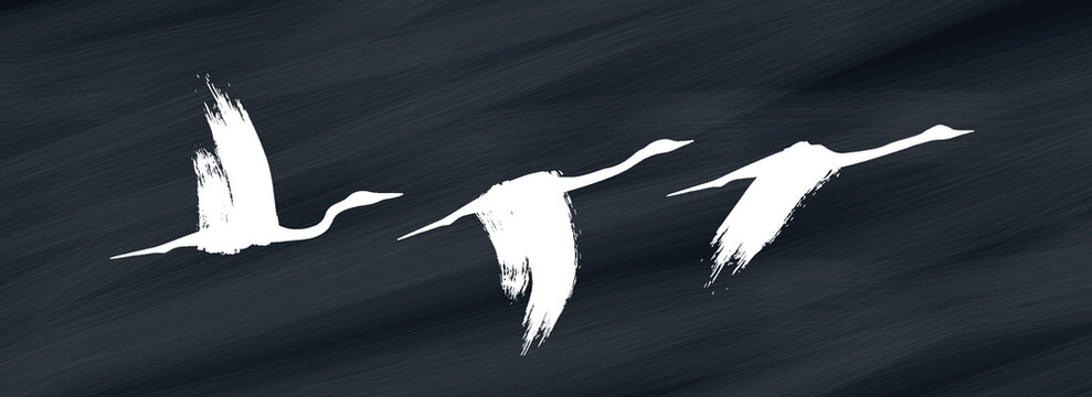 Nature wall art panel of a flock of Great egret - white heron or Flamingo birds flying on dark sky abstract background. minimal modern art. canvas art. digital painting. birds wallpaper. digital art.