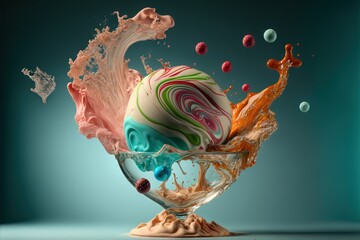 an ice cream sundae with colorful swirls and sprinkles in a glass bowl on a blue background with a splash of water and a splashing liquid from the top of the ice cream.