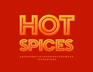 Vector bright emblem Hot Spices. Gradient color Font. Glossy creative Alphabet Letters and Numbers set