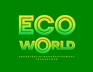 Vector creative emblem Eco World. Glossy Green Alphabet Letters and Numbers. Modern Stylish Font.