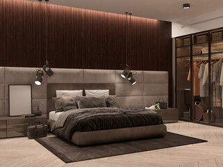 Stylish dark brown bedroom interior with master bed, wardrobe with sliding glass doors, hanging lamps. 3d render, illustration