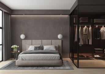 Bedroom with window in pastel colors, minimalism, with double bed, bedside table, wardrobe with sliding glass doors, hanging lamps. 3d render, illustration