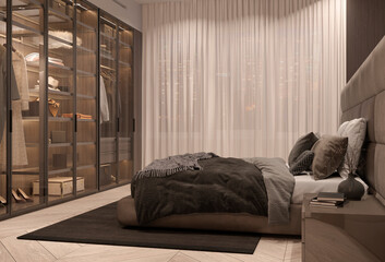 Modern interior design of dark luxurious bedroom with wood wall, wardrobe with glass sliding doors, and accent lighting, 3d rendering