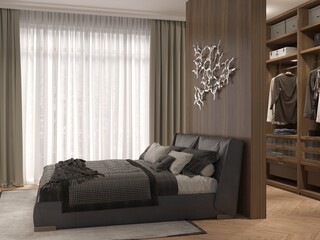 Modern interior design of bedrooms with wood wall, with dressing area in the bedroom, accent lighting, wardrobe, dressing room behind the partition, 3d rendering