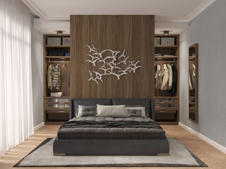 Modern interior design of bedrooms with wood wall, with dressing area in the bedroom, accent lighting, wardrobe, dressing room behind the partition, 3d rendering