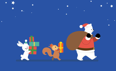 Christmas vector card, three animals walking with gifts, bunny, squirrel and santa polar bear