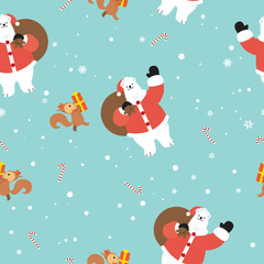 Fototapeta na wymiar Christmas vector seamless pattern with a Santa bear and a squirrel holding a gift box, winter blue seamless pattern with snowflakes