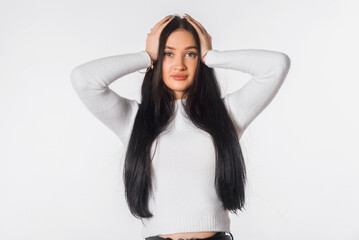Frown woman touch hands her head, suffers from pounding throbbing tension headache, hate noise...