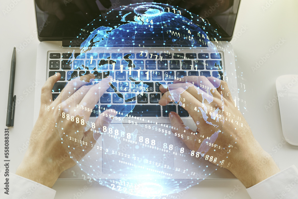 Poster multi exposure of abstract software development hologram with world map and hands typing on computer