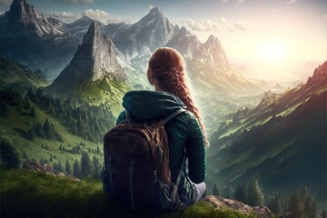 a woman with a backpack is looking at the mountains and the sun in the sky.