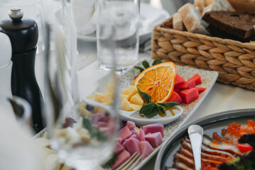 Food on the table. Dishes. Wedding table. Serving.	