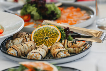 Food on the table. Dishes. Wedding table. Serving.	