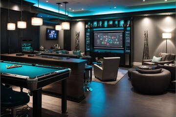 a modern interior design room with a pool table, couches and a television generative ai