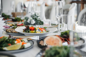 Food on the table. Dishes. Wedding table. Serving.	