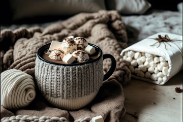 a cup of hot chocolate with marshmallows in it on a blanket and a blanket on the floor.