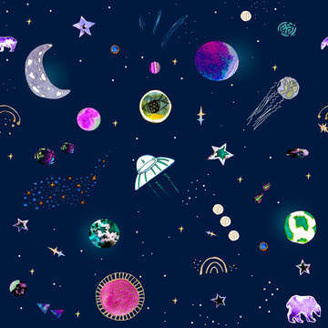 Hand-drawn spatial elements seamless background. Cosmic background. Space doodle illustration. Vector illustration. Seamless background with cartoon space rockets, planets, stars.