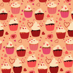 Cupcake of different colors. Whipped cream, ganache and chocolate. Background with dots and hearts. A hand-drawn contour illustration. Vector seamless pattern with baking.