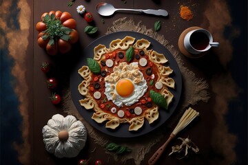 a plate of food on a table with a fork and a cup of coffee on the table next to the plate is an egg on top of pasta and tomatoes and a fork and a spoon.