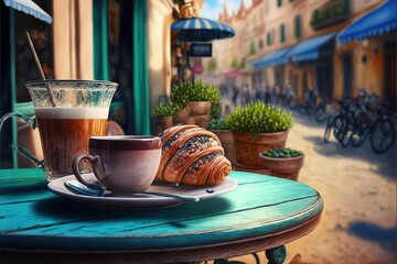 a painting of a cup of coffee and a croissant on a table outside of a cafe with a view of a street and a bicycle path in the background and a cafe with a blue awning awning. Generative AI - obrazy, fototapety, plakaty