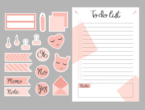 To-do list template. Set of to do list and stickers. Template for agenda,  planners, checklists, notebooks, cards and other stationery. Event planner template. Layout in A6.