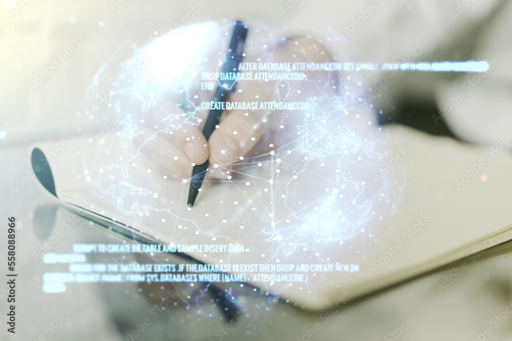 Aufkleber multi exposure of abstract creative coding sketch with world map and man hand writing in notebook on
