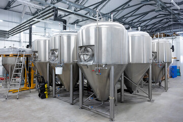 Interior of a modern brewery with brewing equipment
