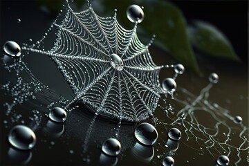 a spider web covered in water droplets on top of a tablecloth with a green leaf in the middle of the picture and a black background with water droplets on the bottom of the web.