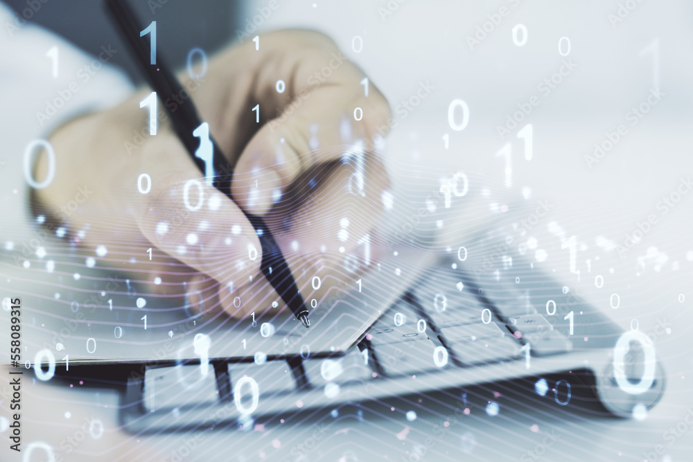 Aufkleber Creative abstract binary code hologram and hand writing in diary on background with laptop, AI and machine learning concept. Multiexposure