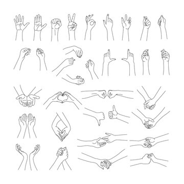 Big set of hands, basic gestures. Editable line. Vector illustration