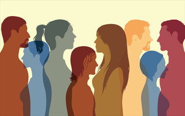Diversity among people and a multiracial society. Various people's faces abstracted in profile. Working together as a team or in a community. Vector Illustration