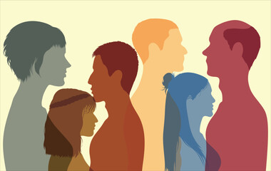 Treatment of patients with psychological therapy. People and teamwork.  Multiethnic people faces in profile. Psychology and psychiatry concepts. Vector Illustration