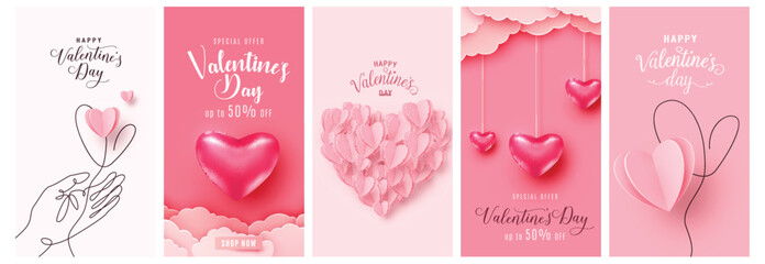 Valentines day concept card vector illustration. 3d pink paper cut and - obrazy, fototapety, plakaty