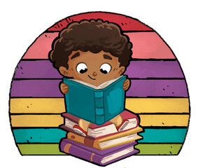 African American boy reading on a stack of books happily