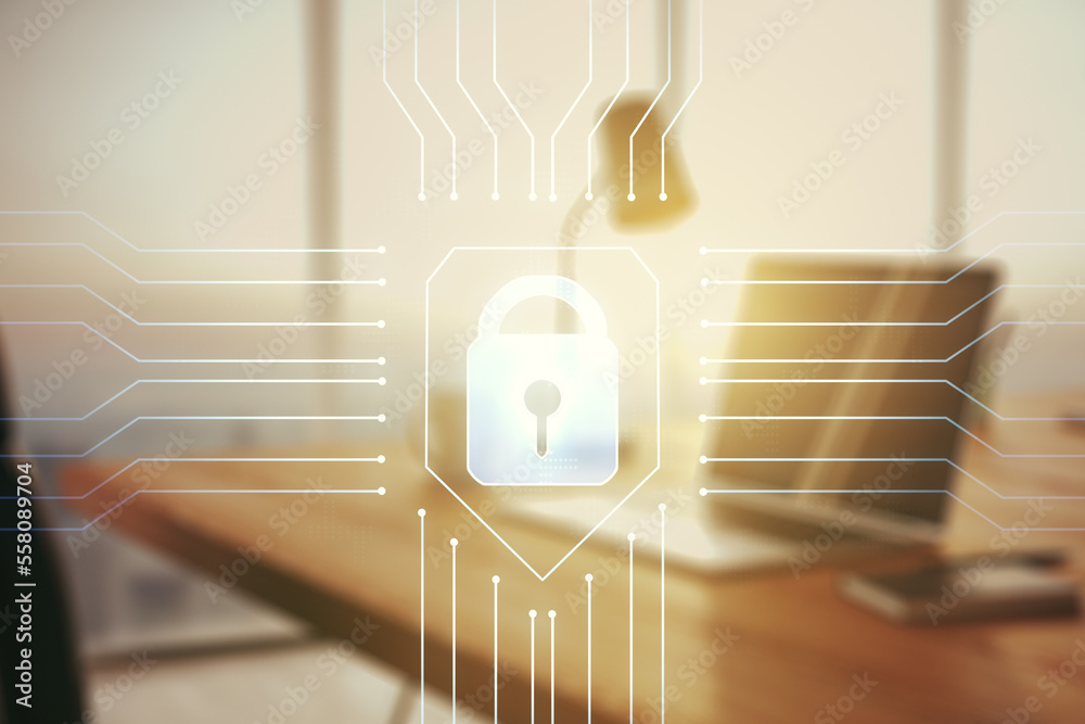 Poster double exposure of creative lock hologram with chip on laptop background. information security conce