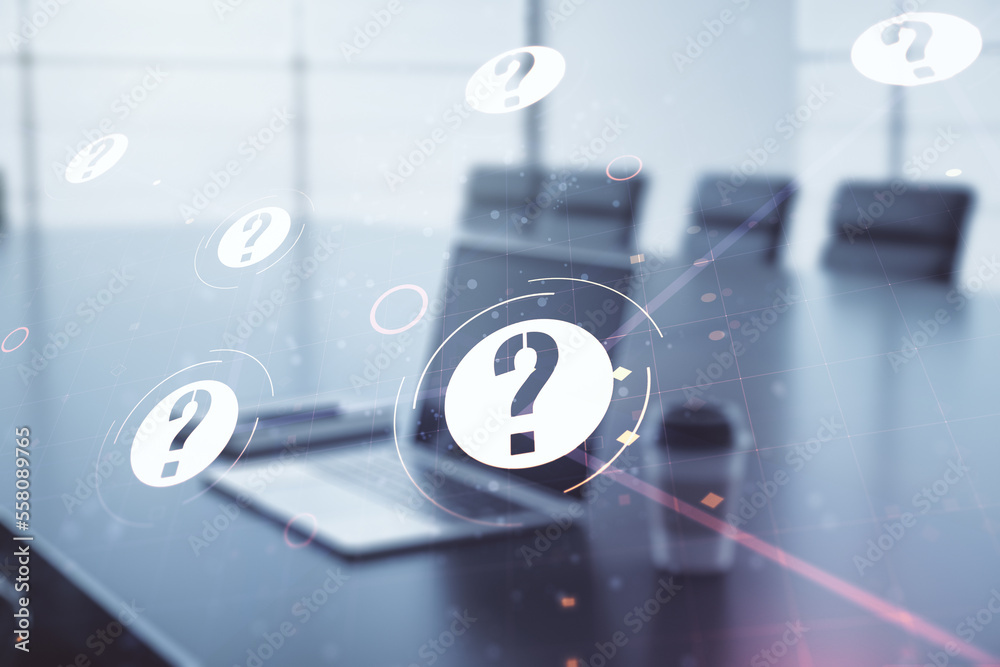 Aufkleber creative abstract question mark sketch on modern laptop background, faq and research concept. double