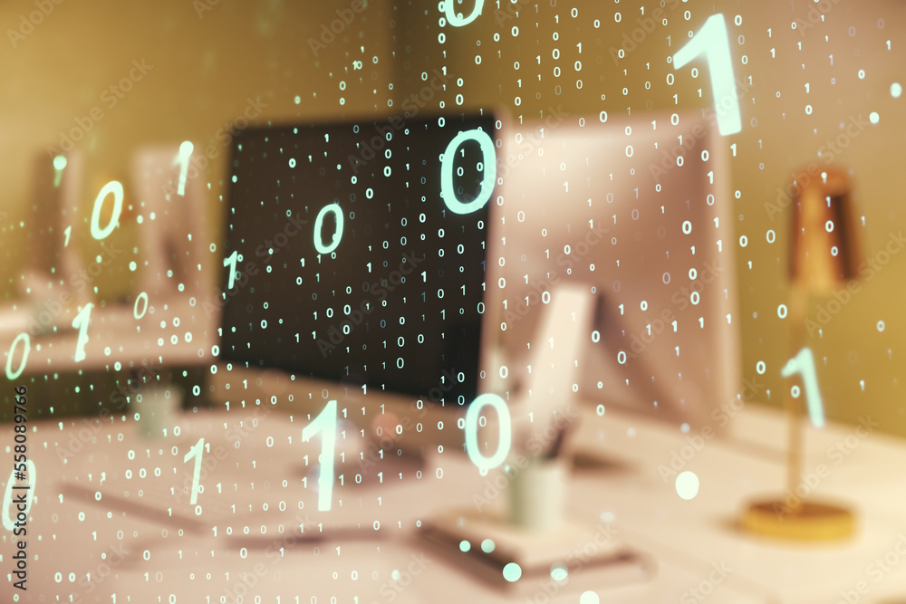 Aufkleber Creative abstract binary code sketch on modern laptop background, hacking and matrix concept. Multiexposure